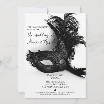 elegant feather masquerade  black white wedding invitation
