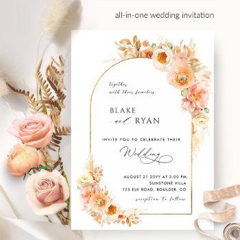 elegant floral arch peach and blush pink wedding invitation