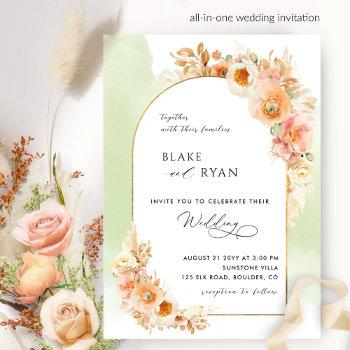 elegant floral arch peach blush and green wedding invitation