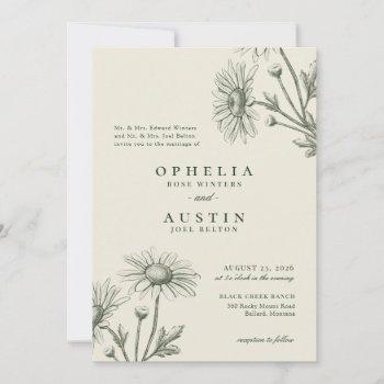elegant floral green daisy sketch wedding invitation