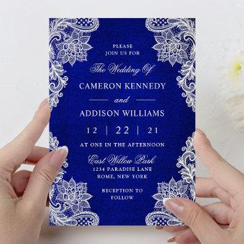 elegant floral lace royal blue wedding invitation