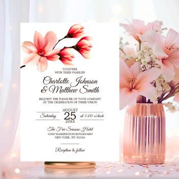 elegant floral magnolia coral pink peach wedding invitation