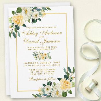 elegant floral yellow gold white green wedding invitation