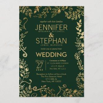 elegant forest green gold floral wedding invitation