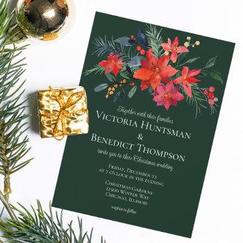 elegant forest green red floral christmas wedding invitation