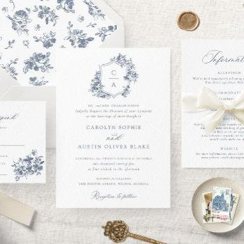 elegant french roses floral blue crest wedding invitation