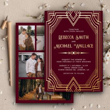 elegant geometric art deco wedding burgundy gold foil invitation