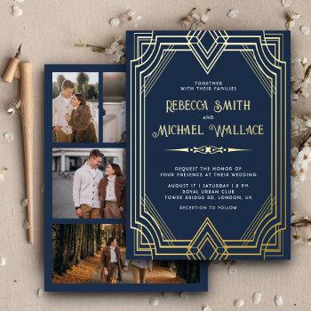 elegant geometric art deco wedding navy blue gold foil invitation
