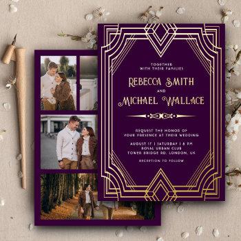 elegant geometric art deco wedding purple gold foil invitation
