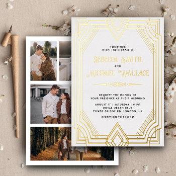 elegant geometric art deco wedding white gold foil invitation