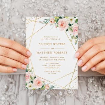 elegant geometric frame blush pink floral wedding invitation