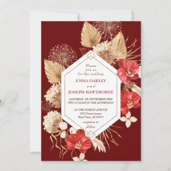 elegant geometrical gold frame red orchid wedding invitation