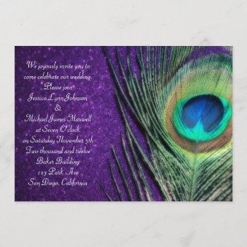 elegant glittery purple peacock wedding invitation