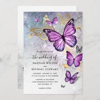 elegant gold and purple butterfly wedding invitation
