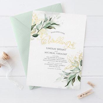 elegant gold and sage greenery modern wedding  foil invitation