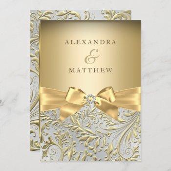 elegant gold bow golden leaf wedding invitation