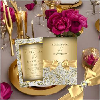 elegant gold bow golden leaf wedding invitation