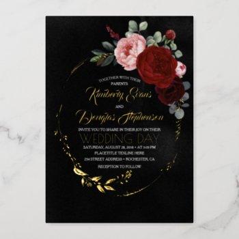 elegant gold burgundy red and black floral wedding foil invitation