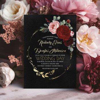 elegant gold burgundy red and black floral wedding foil invitation