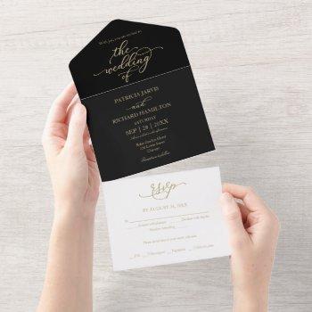 elegant gold calligraphy black wedding all in one invitation
