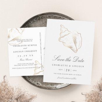 Small Elegant Gold Conch Shell Wedding Save The Date Announcement Post Front View