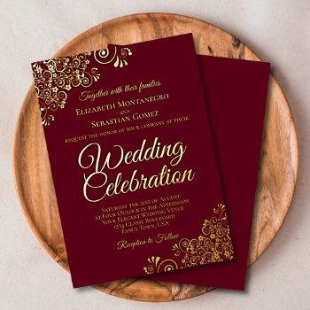 elegant gold floral frills burgundy maroon wedding foil invitation