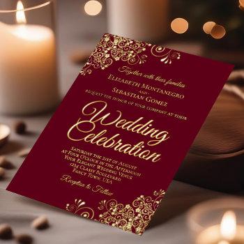 elegant gold floral frills burgundy maroon wedding foil invitation