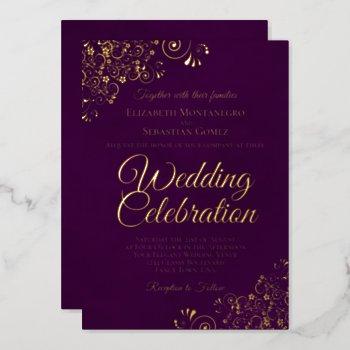 elegant gold floral frills on plum purple wedding foil invitation