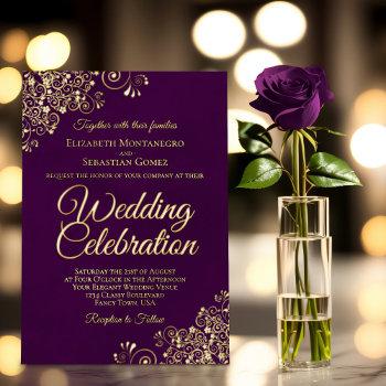 Small Elegant Gold Floral Frills On Plum Purple Wedding Foil Front View