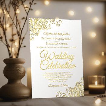 elegant gold floral frills on white chic wedding foil invitation
