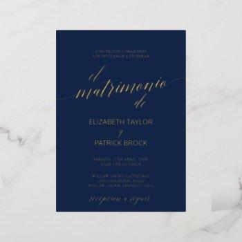 elegant gold foil calligraphy navy spanish wedding foil invitation