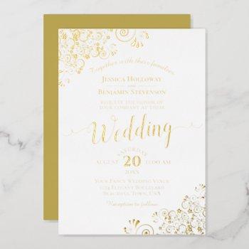 elegant gold foil lace on classic white wedding foil invitation