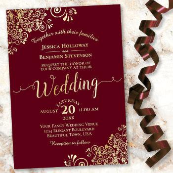 Small Elegant Gold Lace On Burgundy Maroon Wedding Foil Front View
