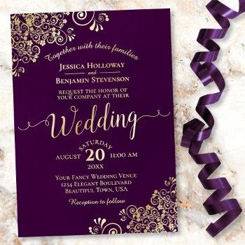 elegant gold lace on plum purple frilly wedding foil invitation
