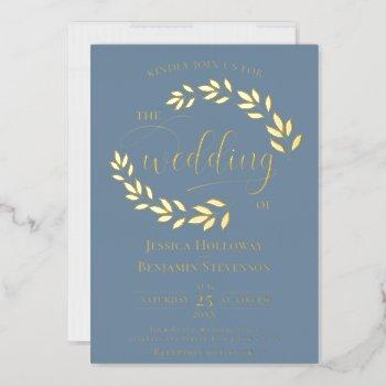 elegant gold leaves on dusty blue classy wedding foil invitation