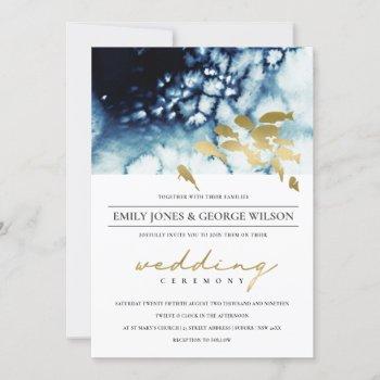 elegant gold navy underwater fish wedding invite