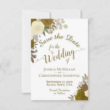 Small Elegant Gold Roses Watercolor Floral Boho Wedding Save The Date Front View
