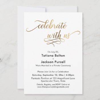 Small Elegant Gold Script Celebrate With Us Reception Front View