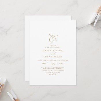 elegant gold script front & back monogram wedding invitation