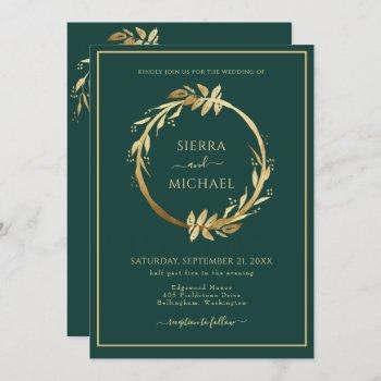 elegant golden foliage emerald green wedding invitation
