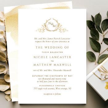 elegant golden yellow monogram formal wedding invitation
