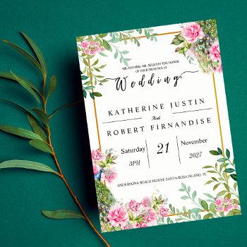 elegant green and pink floral peacock wedding invitation