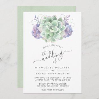 elegant green and purple succulent wedding invitation
