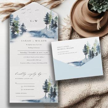 elegant green blue pine woods forest birds wedding all in one invitation
