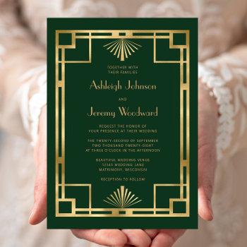 elegant green gold geo vintage 1920s deco wedding invitation