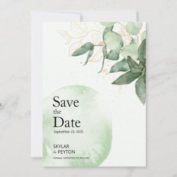 elegant green modern eucalyptus watercolor save th save the date
