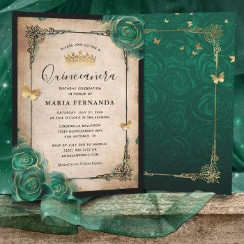elegant green rose gold black quinceanera invitation