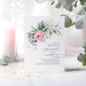 elegant greenery and pink flowers wedding invitation