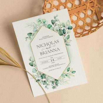 elegant greenery eucalyptus gold rustic wedding invitation