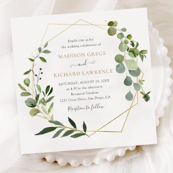 elegant greenery gold geometric frame wedding invitation
